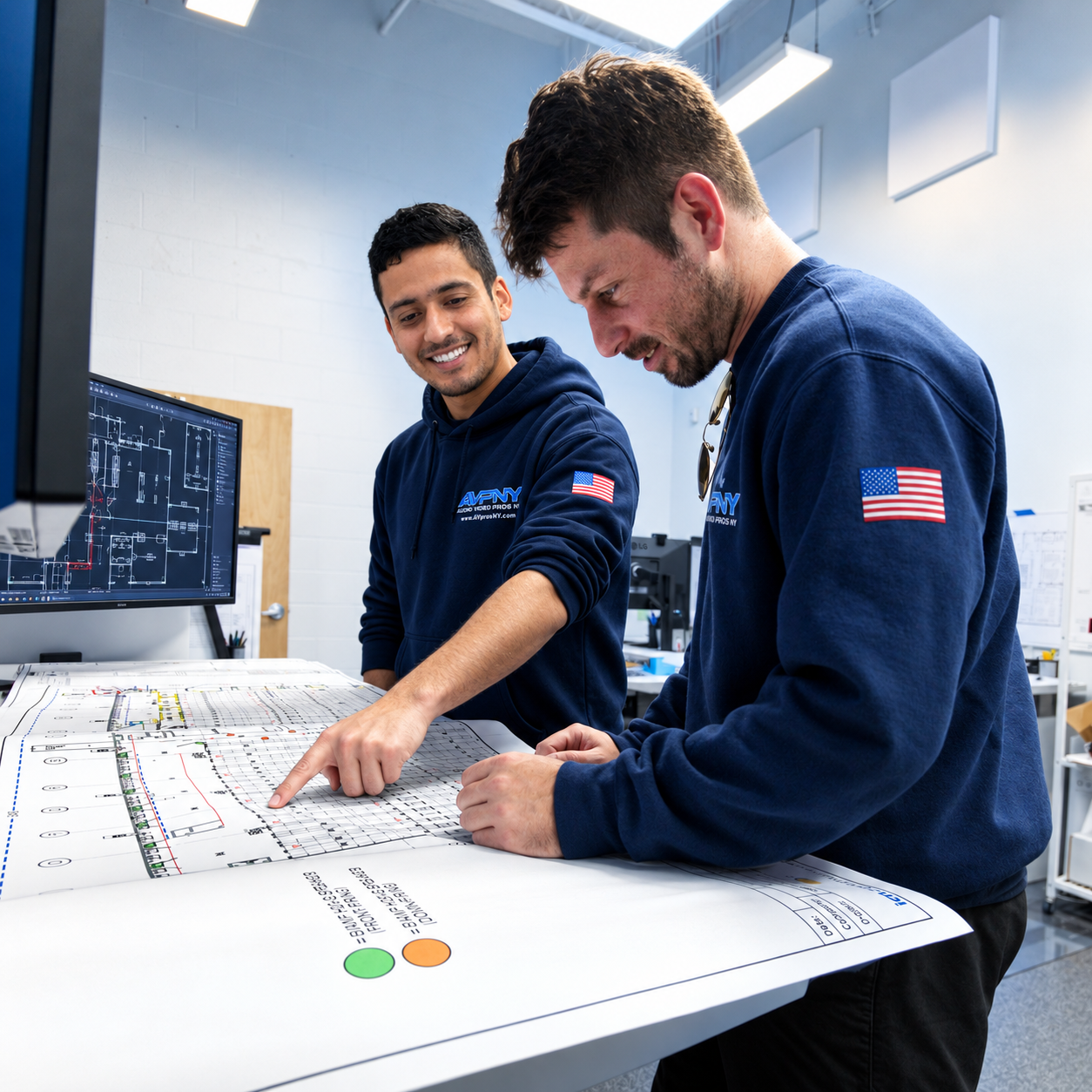 AV engineers reviewing technical blueprints