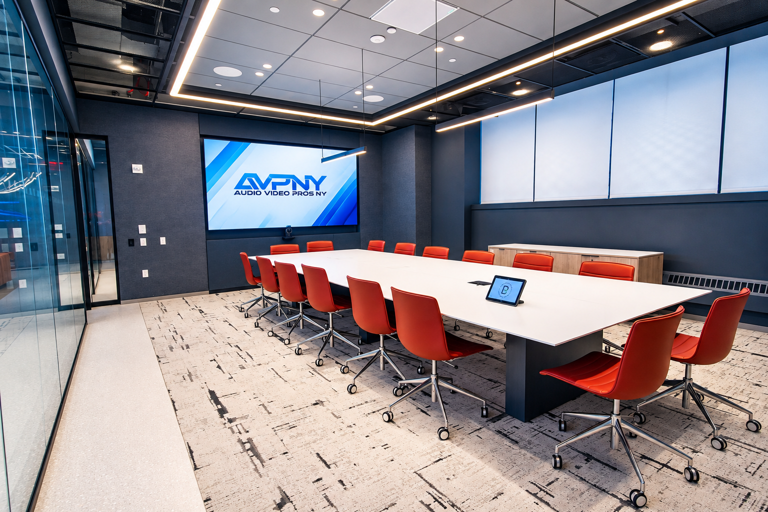 Modern AV Pros NY conference room with audiovisual display and meeting table
